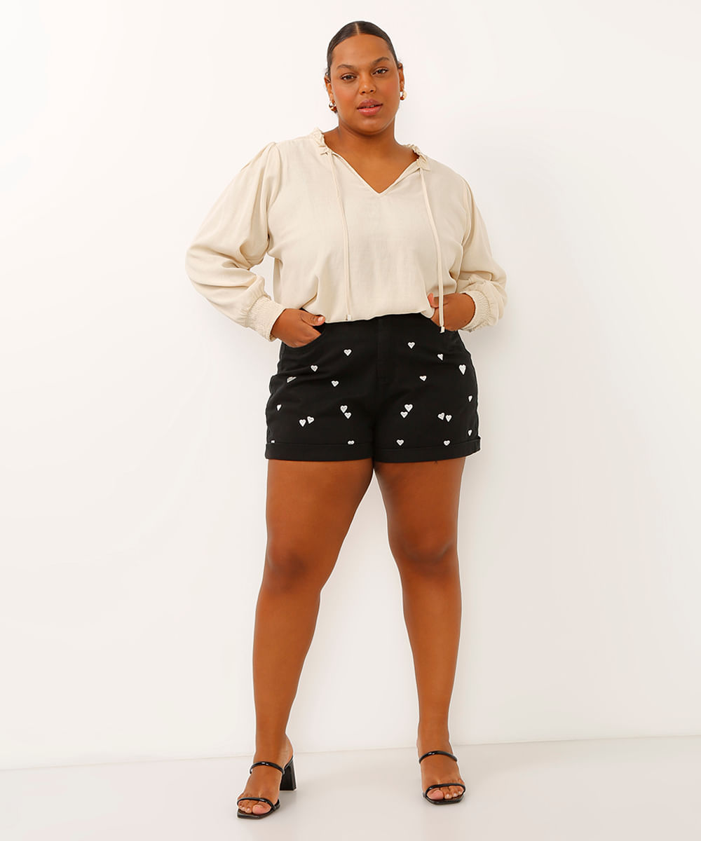 blusa plus size decote v manga longa bufante bege