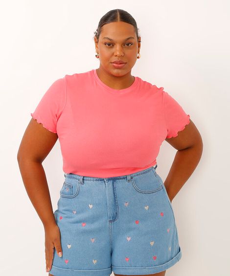 blusa plus size canelada gola alta fru fru rosa