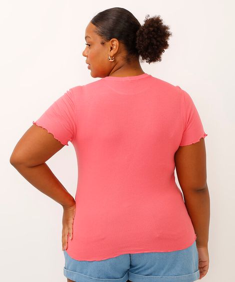 blusa plus size canelada gola alta fru fru rosa