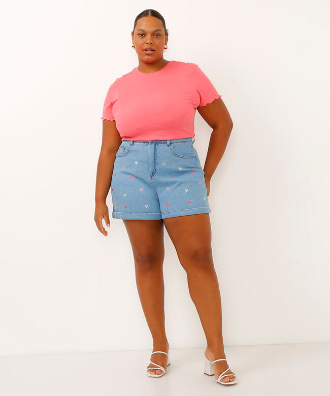 blusa plus size canelada gola alta fru fru rosa