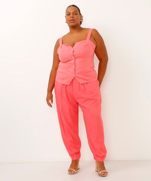 calça plus size com linho cós elástico rosa