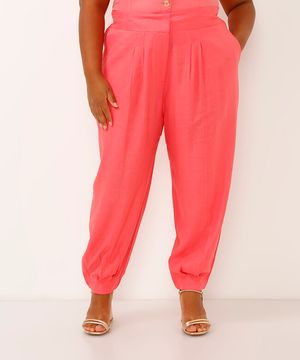 calça plus size com linho cós elástico rosa