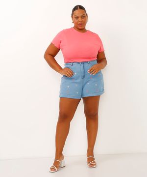 short mom jeans cintura alta coração plus size azul