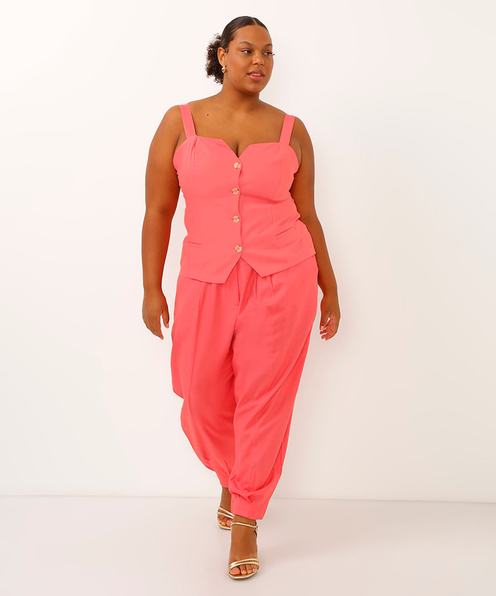 regata alfaiatada plus size com linho rosa