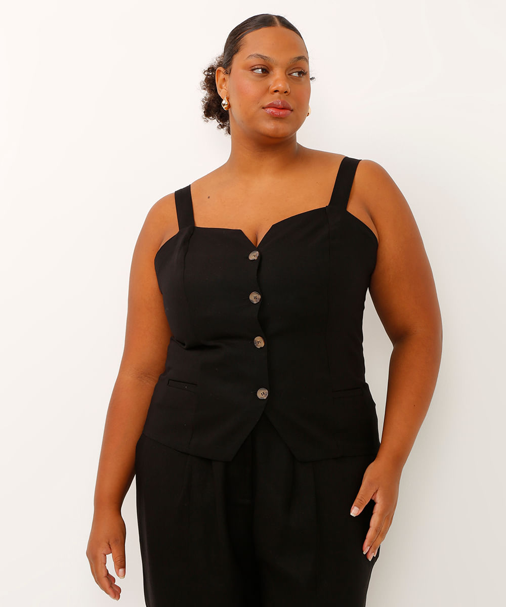 regata alfaiatada plus size com linho preto