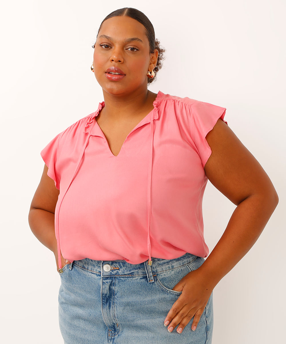 blusa plus size de viscose decote laço rosa