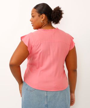 blusa plus size de viscose decote laço rosa