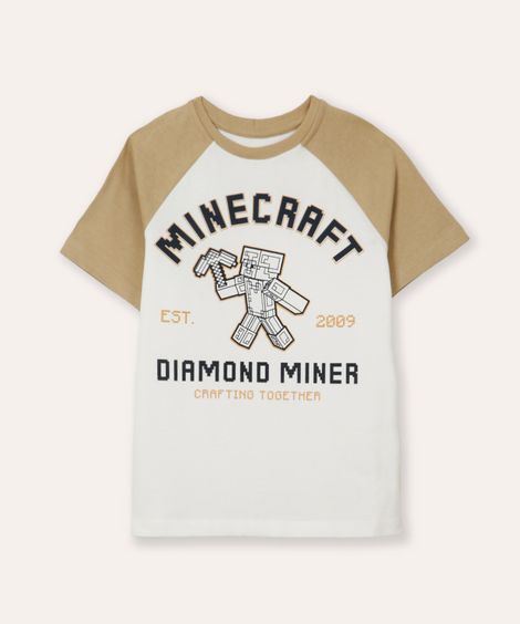 camiseta de algodão manga raglan minecraft off white