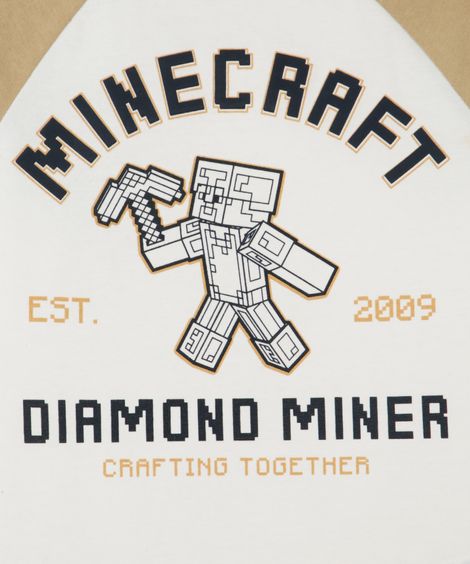 camiseta de algodão manga raglan minecraft off white
