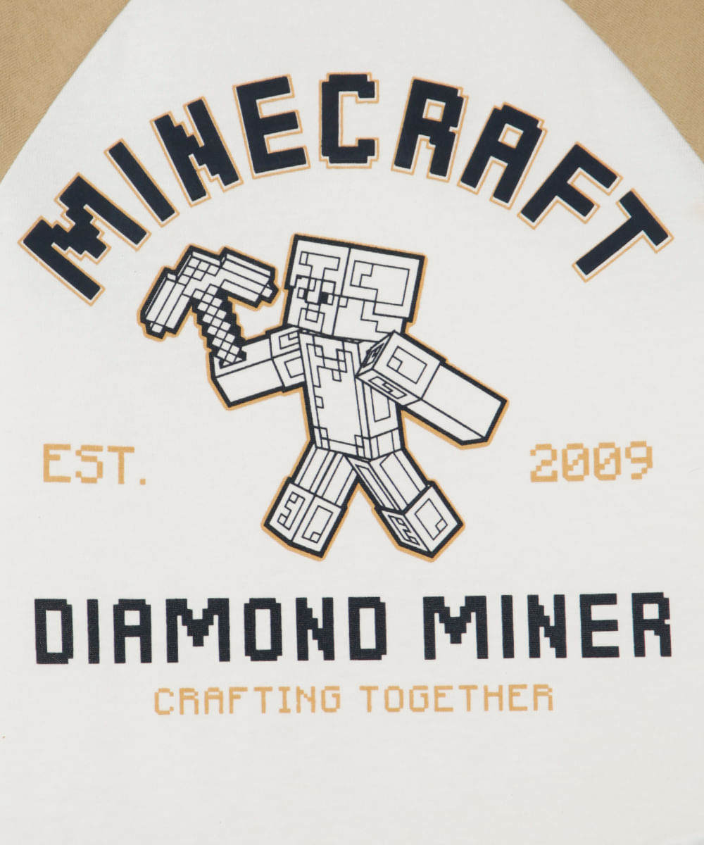 camiseta de algodão manga raglan minecraft off white