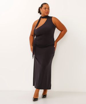 vestido ombro único com franzido e echarpe plus size mindset preto