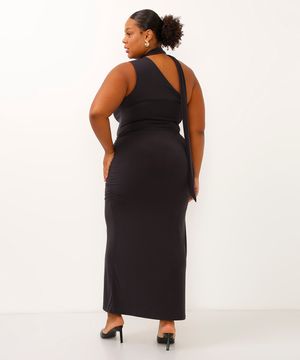 vestido ombro único com franzido e echarpe plus size mindset preto