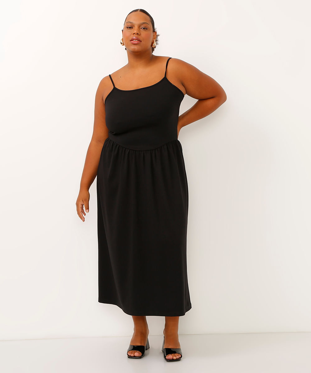 vestido midi alça fina plus size mindset preto