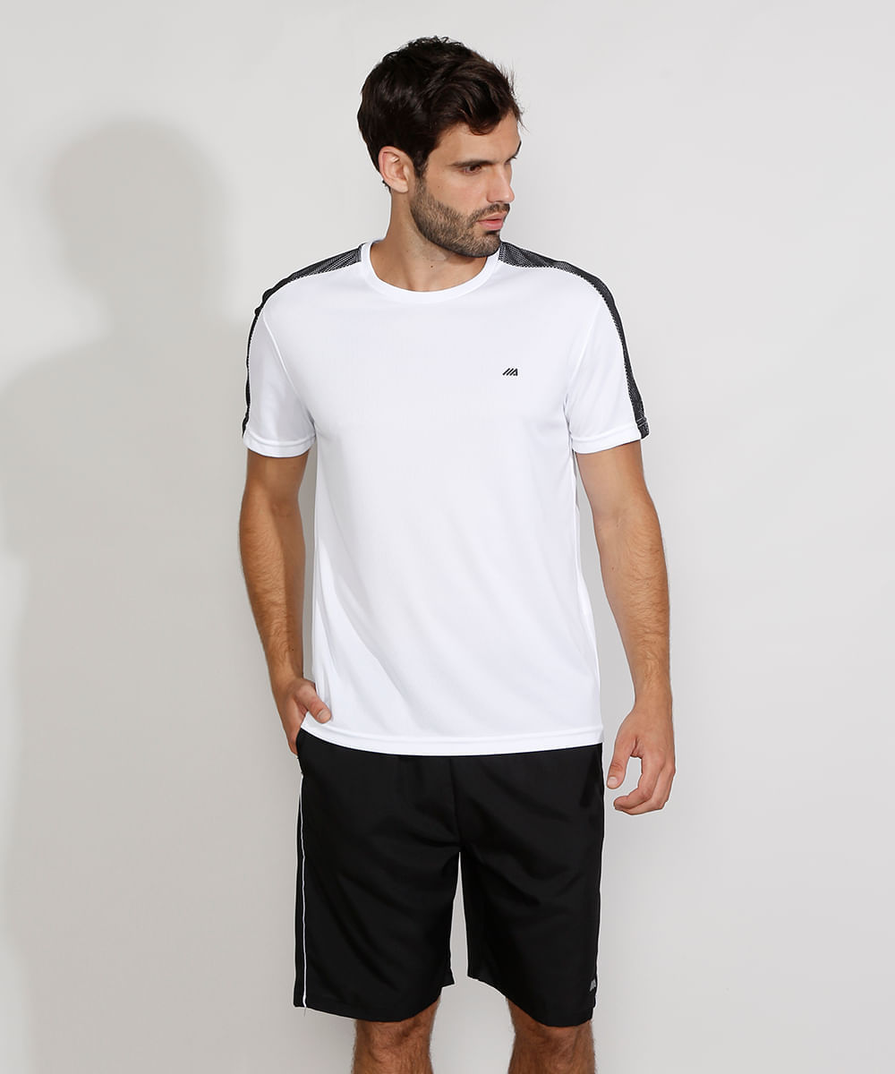 Camiseta Masculina Manga Curta Esportiva Gola Careca com Tela Branca
