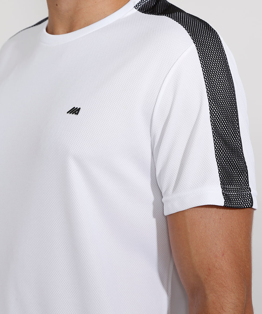 Camiseta Masculina Manga Curta Esportiva Gola Careca com Tela Branca