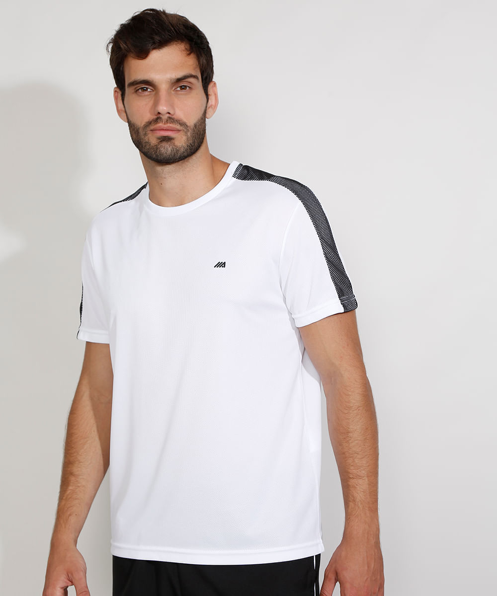 Camiseta Masculina Manga Curta Esportiva Gola Careca com Tela Branca