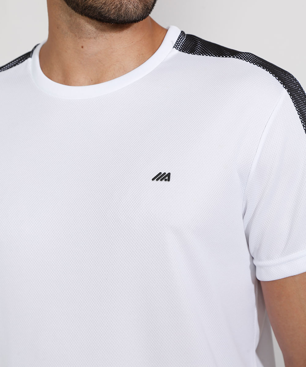 Camiseta Masculina Manga Curta Esportiva Gola Careca com Tela Branca