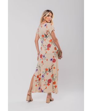 Vestido Longo Manga Curta Estampado Malha Floral Salvatore Fashion