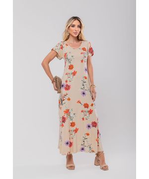 Vestido Longo Manga Curta Estampado Malha Floral Salvatore Fashion