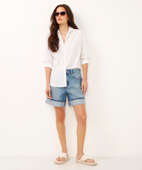 bermuda mom jeans cintura alta barra dobrada azul