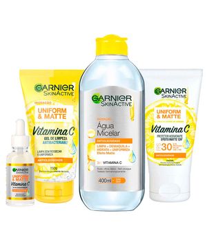 Garnier Kit – Gel de Limpeza Facial + Sérum Facial + Água Micelar + Protetor Hidratante Facial FPS30