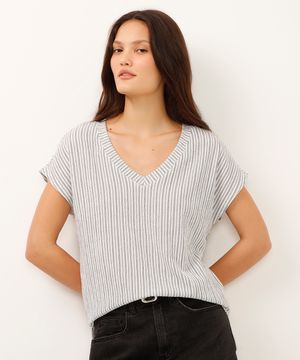 blusa decote v texturizada listrada off white