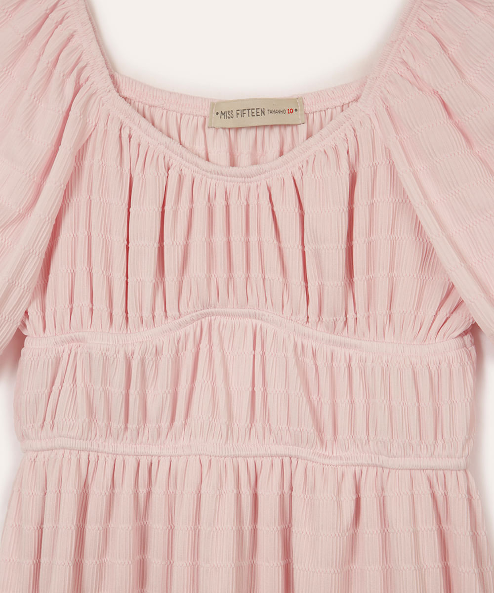 vestido texturizado juvenil com recorte manga curta rosa