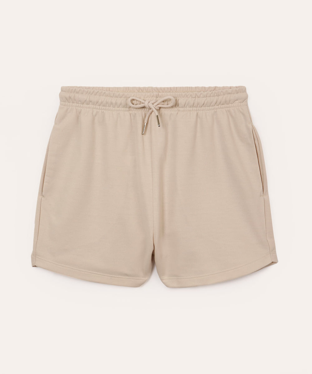 short de moletom juvenil cós com elástico e bolsos bege