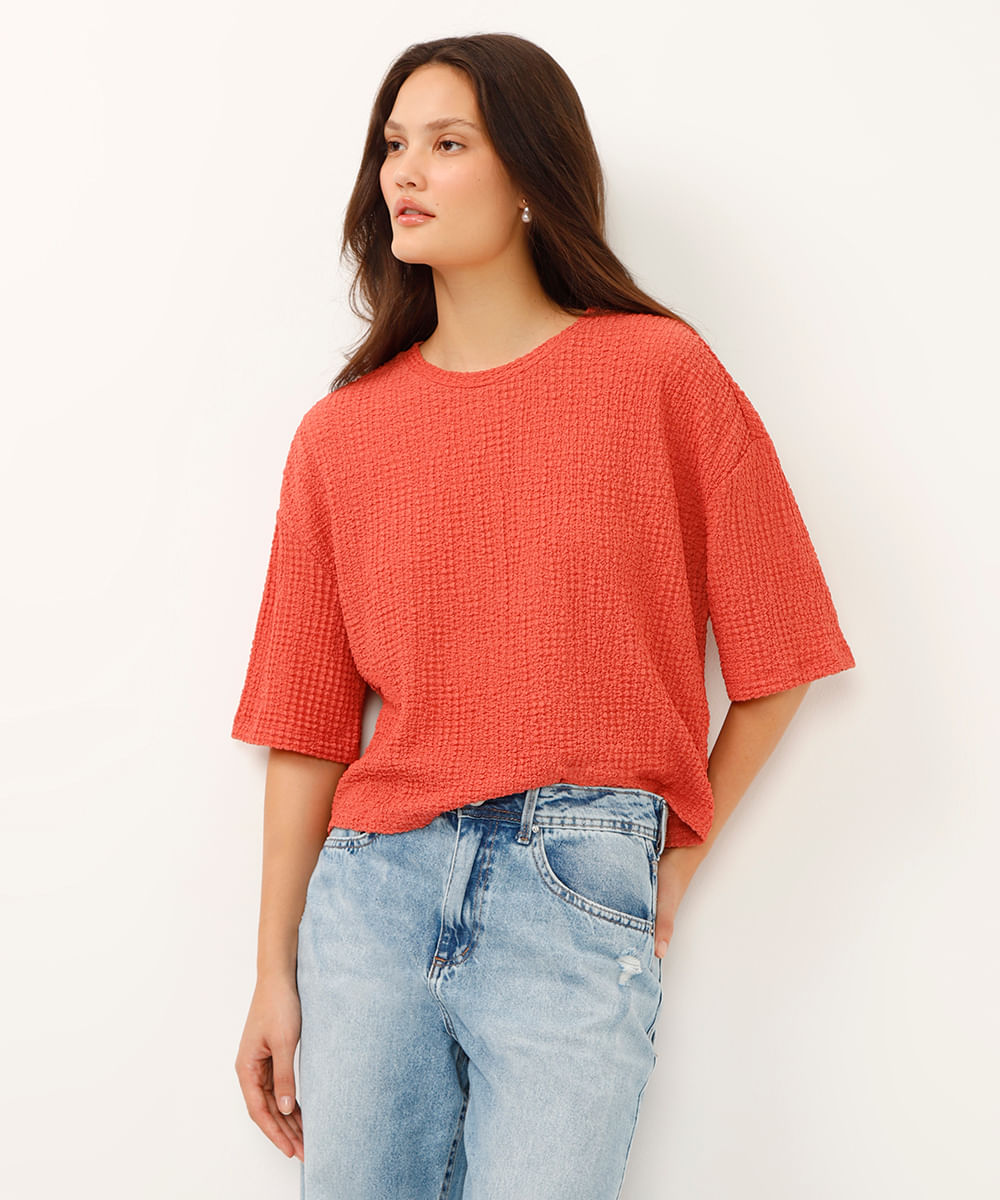 blusa decote redondo manga curta texturizada laranja