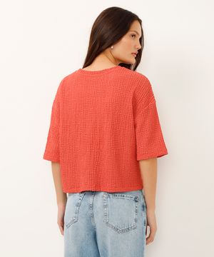 blusa decote redondo manga curta texturizada laranja