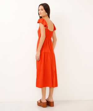 vestido midi de viscose alça babado laranja