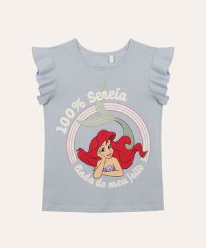 camiseta de algodão infantil manga babado pequena sereia azul