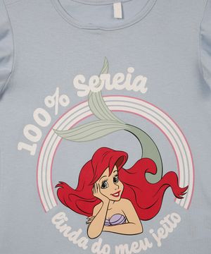 camiseta de algodão infantil manga babado pequena sereia azul