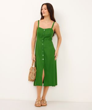 vestido midi com linho botões verde