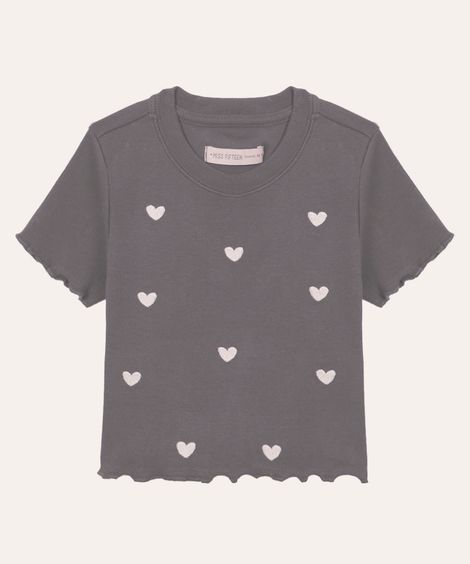 camiseta de algodão juvenil manga curta coração com fru fru cinza