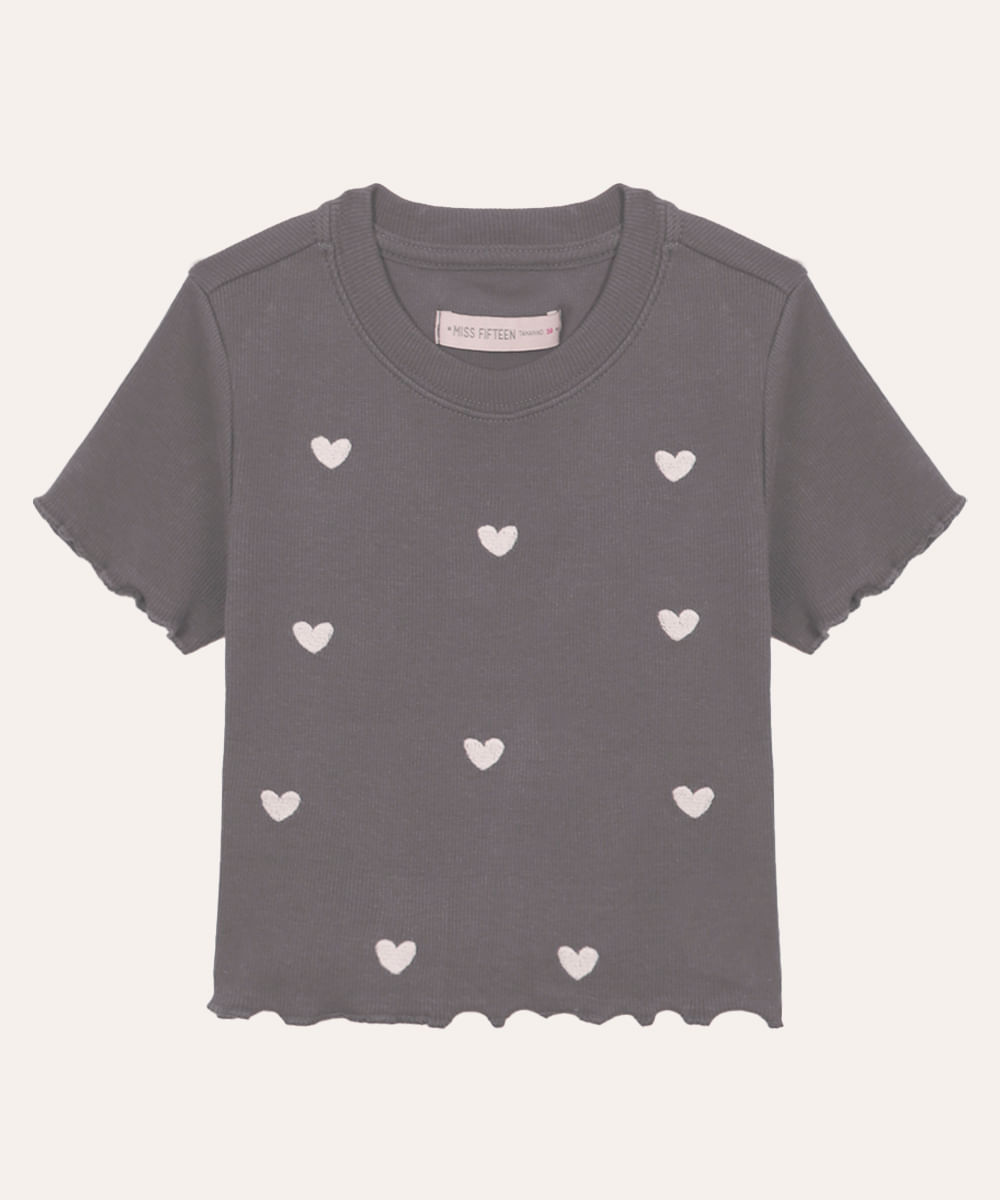 camiseta de algodão juvenil manga curta coração com fru fru cinza