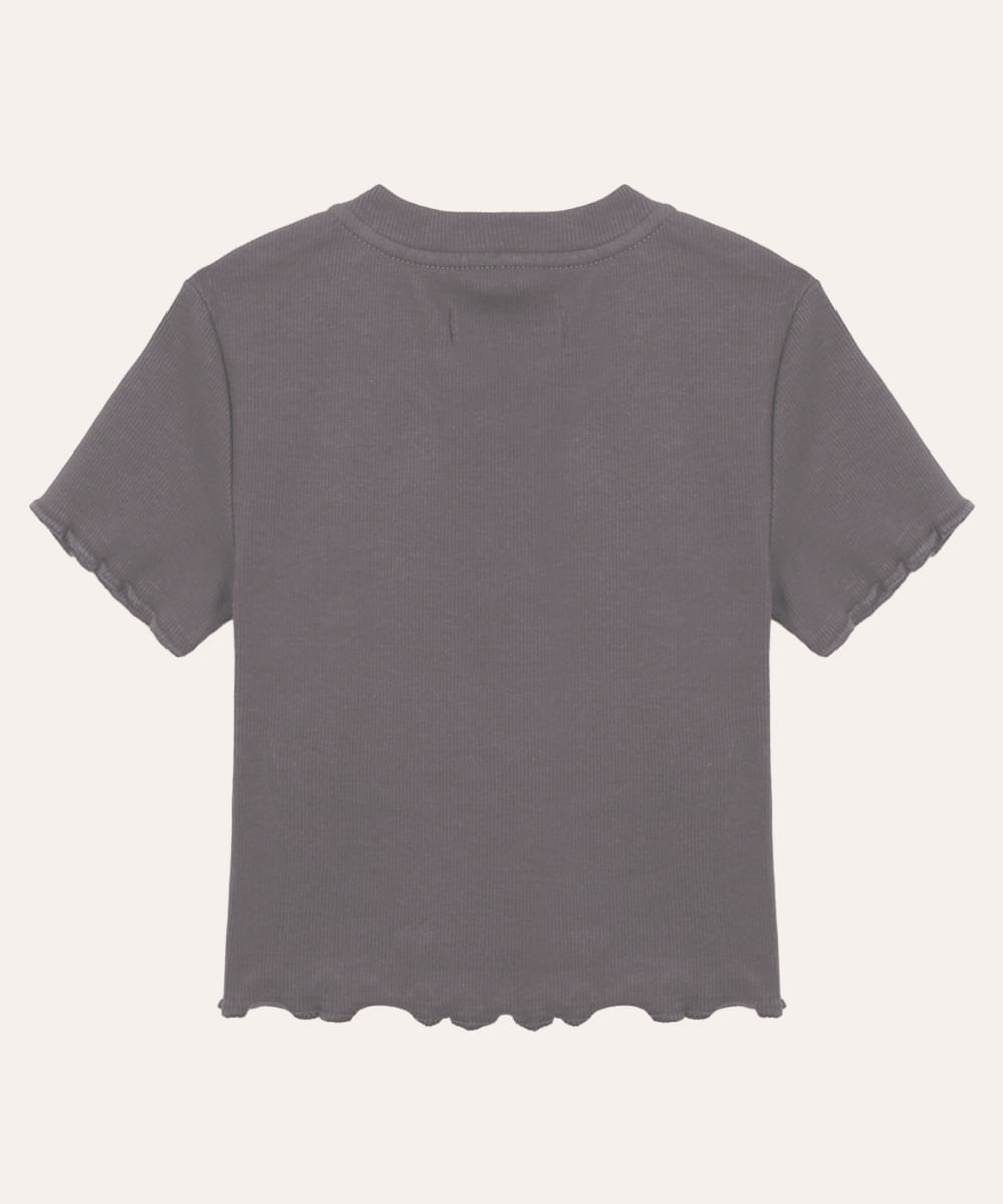 camiseta de algodão juvenil manga curta coração com fru fru cinza