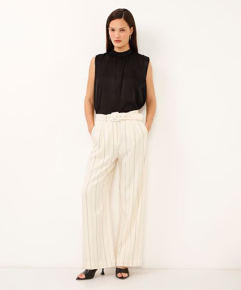calça wide leg de alfaiataria risca de giz off white
