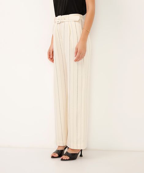 calça wide leg de alfaiataria risca de giz off white