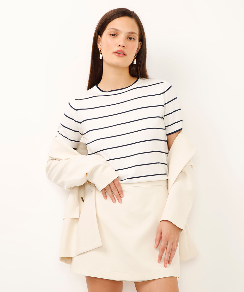 blusa de tricot manga curta listrada off white