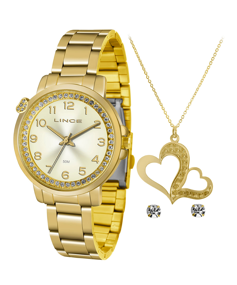 kit relógio feminino lince analógico lrg4570l kf93c2kx dourado