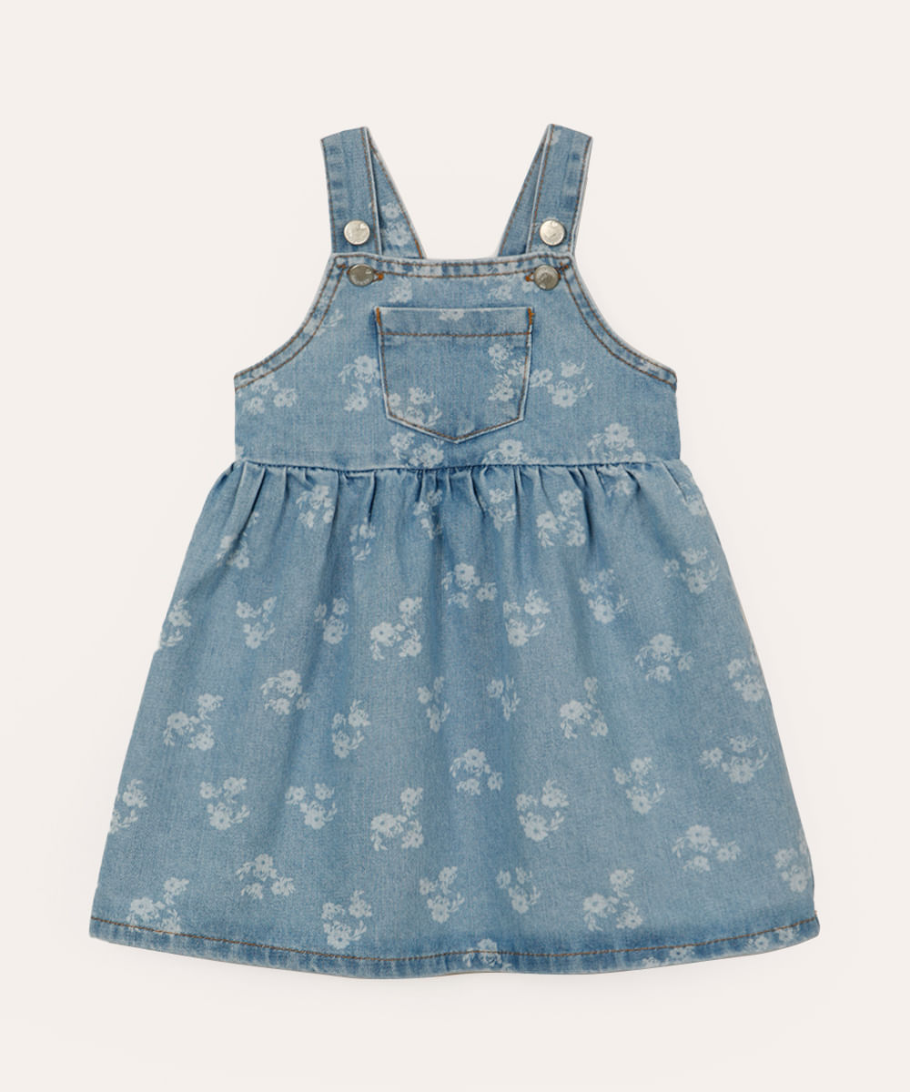 salopete jeans infantil floral azul