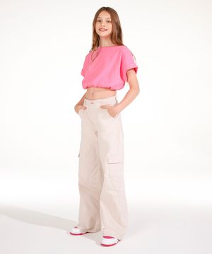 calça wide leg cargo de sarja juvenil  kaki