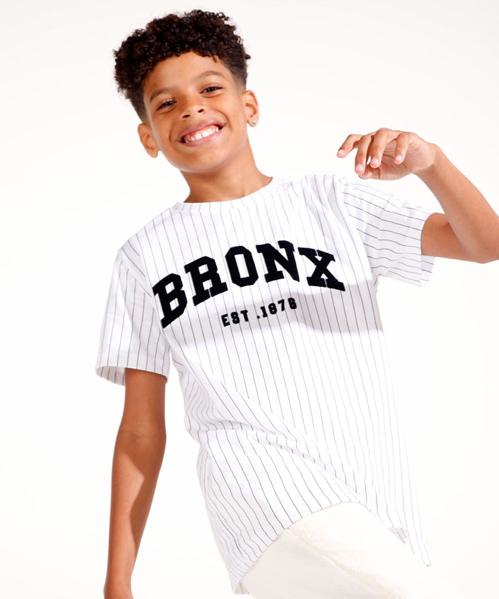 camiseta de algodão juvenil bronx listrada manga curta off white