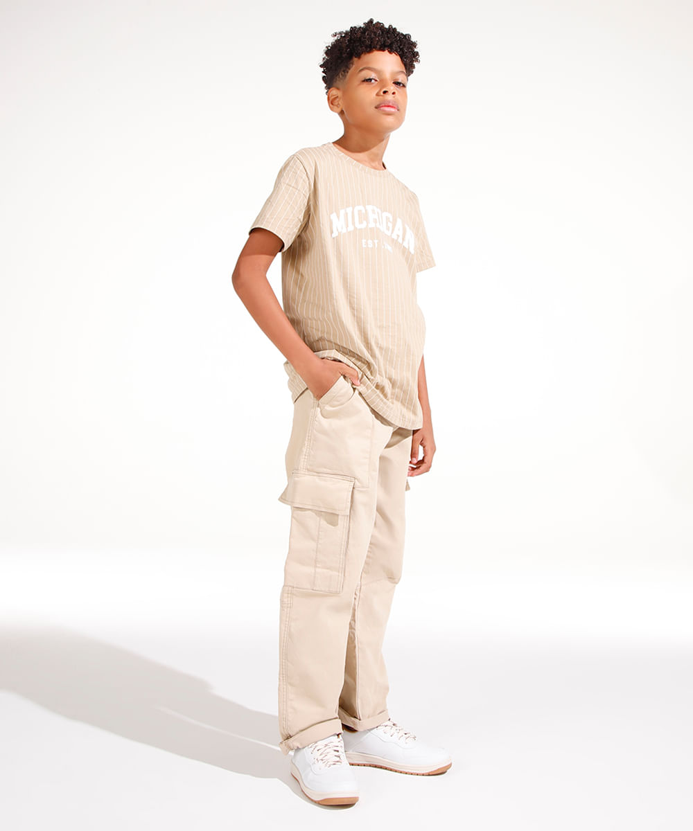 calça de sarja wide leg cargo juvenil bege