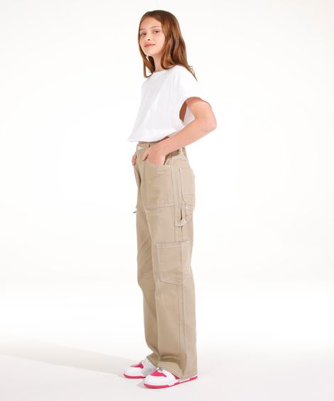 calça wide leg cargo de sarja juvenil - kaki