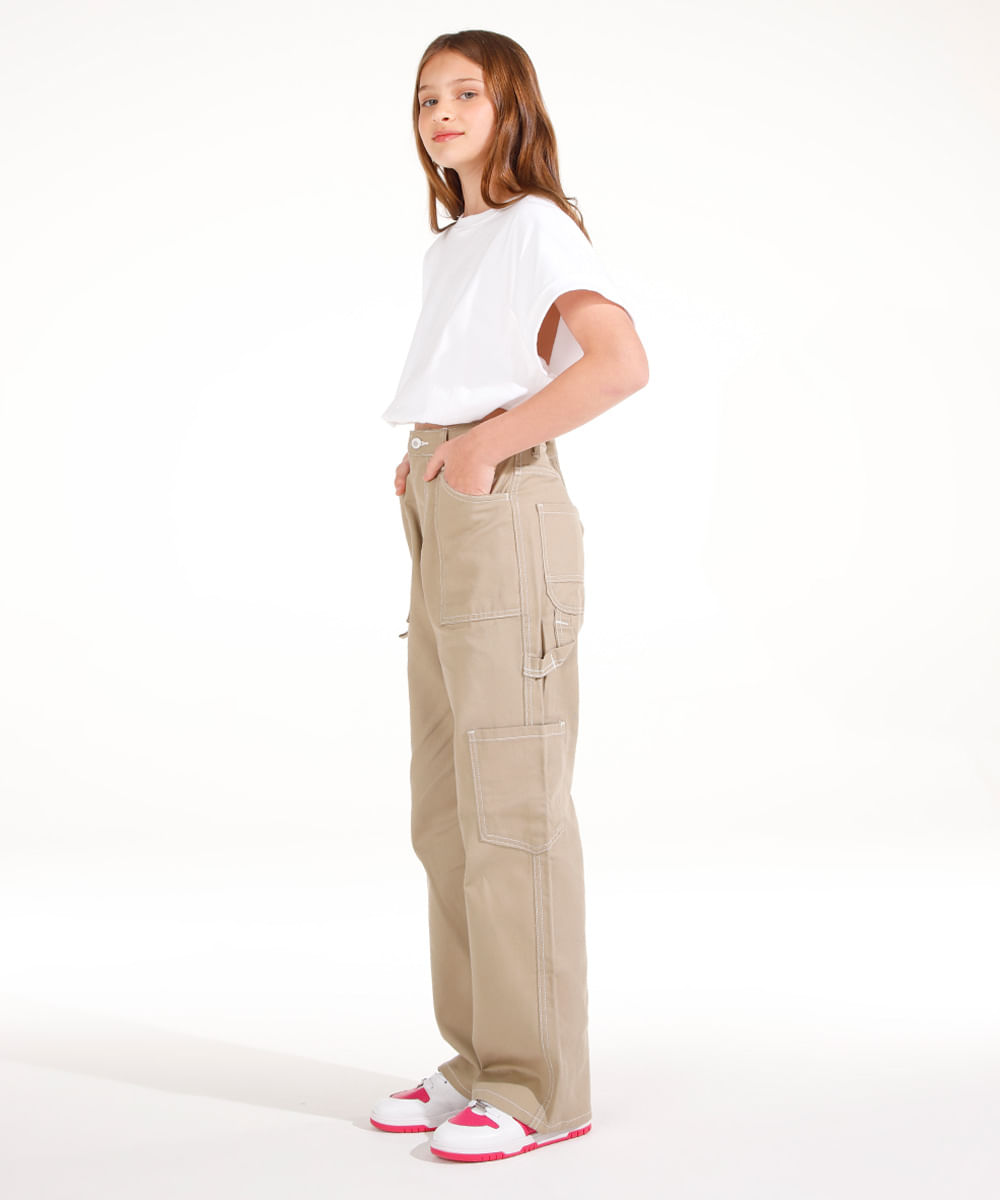 calça wide leg cargo de sarja juvenil - kaki