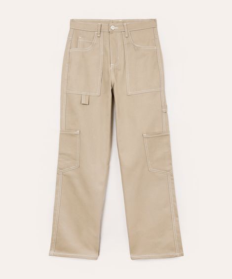 calça wide leg cargo de sarja juvenil - kaki