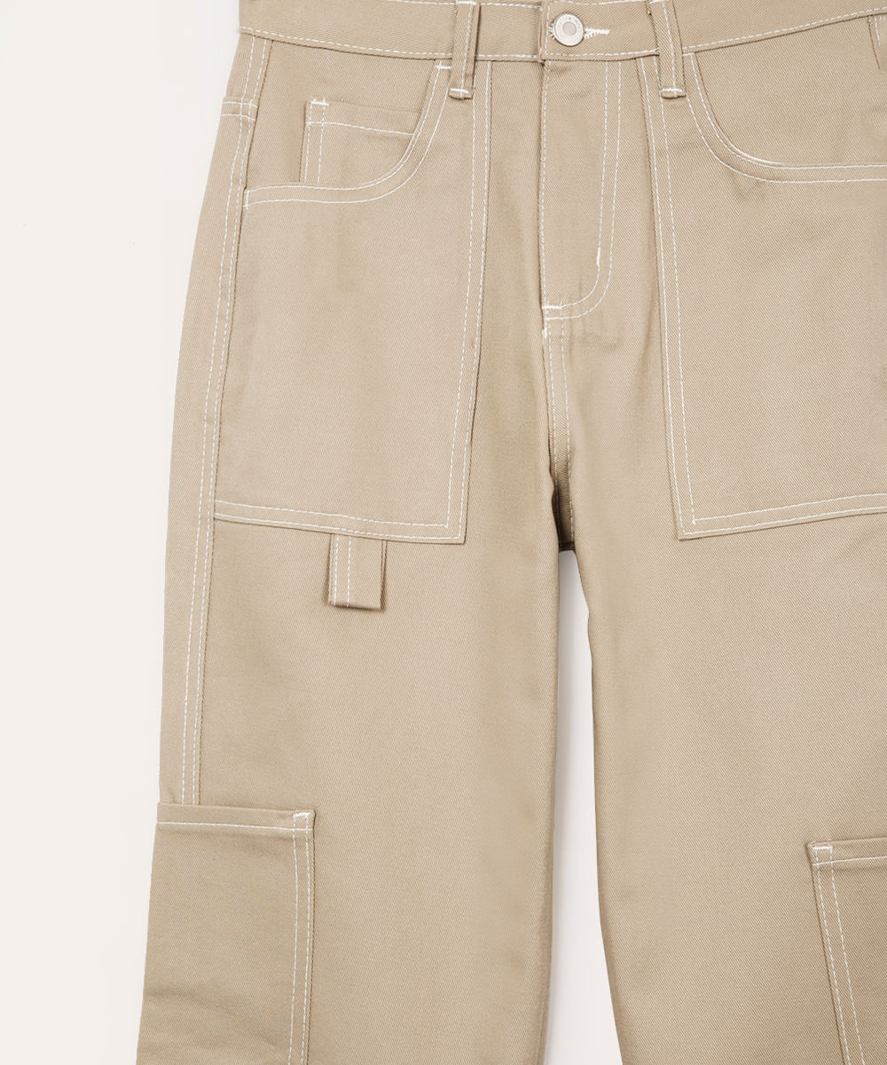 calça wide leg cargo de sarja juvenil - kaki