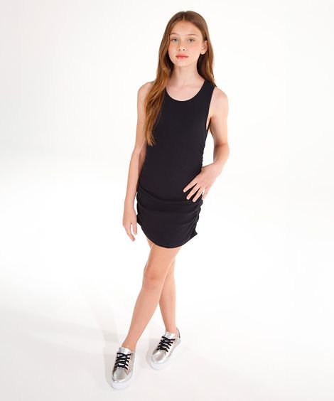 vestido de algodão juvenil com franzido preto